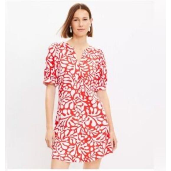 Loft Red White Abstract Floral Short Sleeve Dress Size Large Resort Casual - Picture 9 of 9